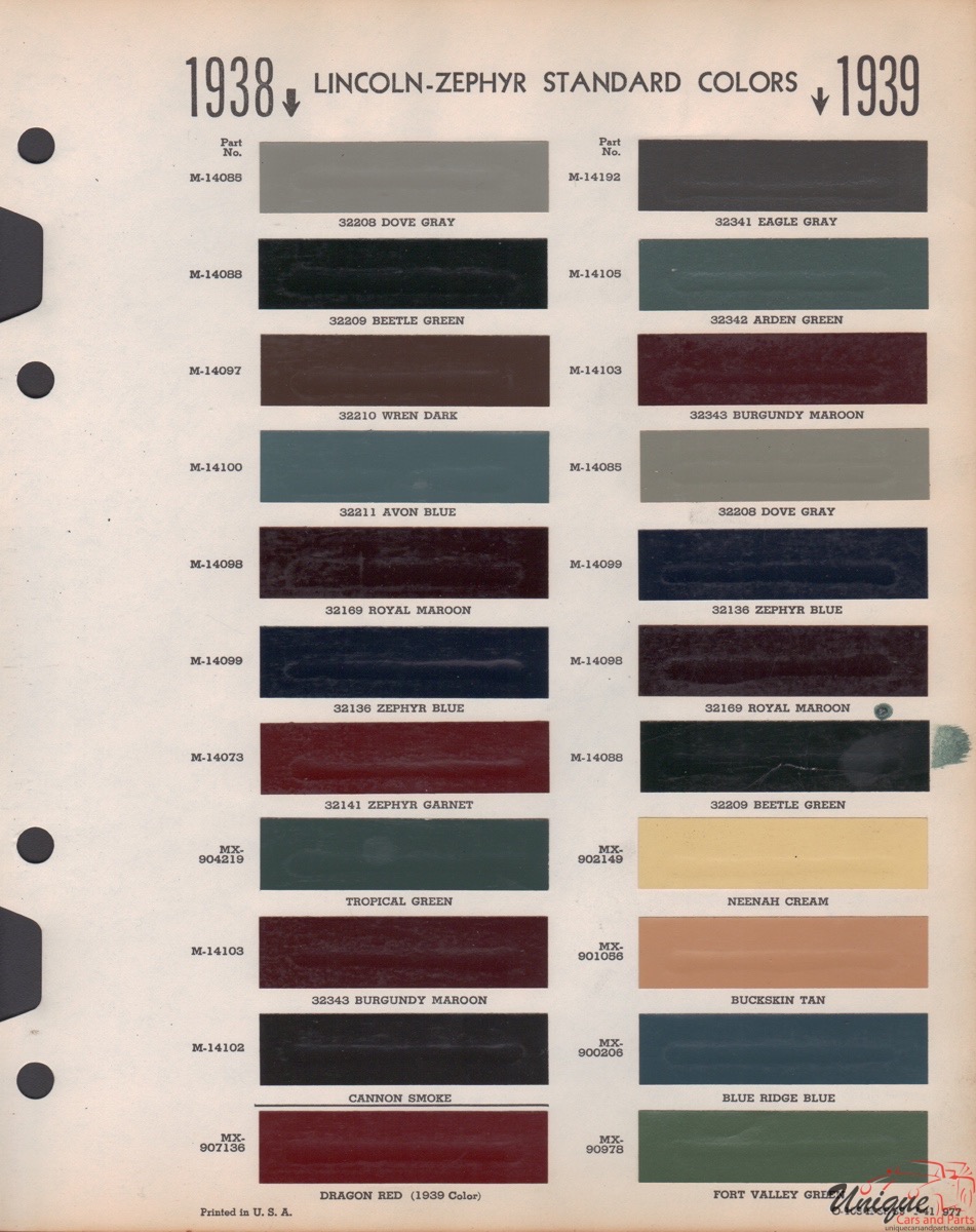 1938 Lincoln Paint Charts Williams 1
